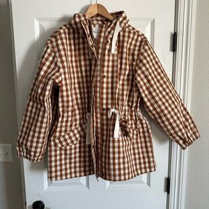 Madewell Raincloud Raincoat in Gingham with Hood Brown Orange